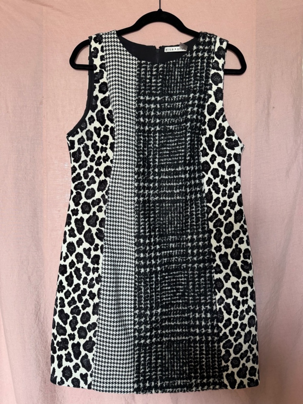 Alice + Olivia Black and White Mixed-Pattern Sleeveless Mini Dress